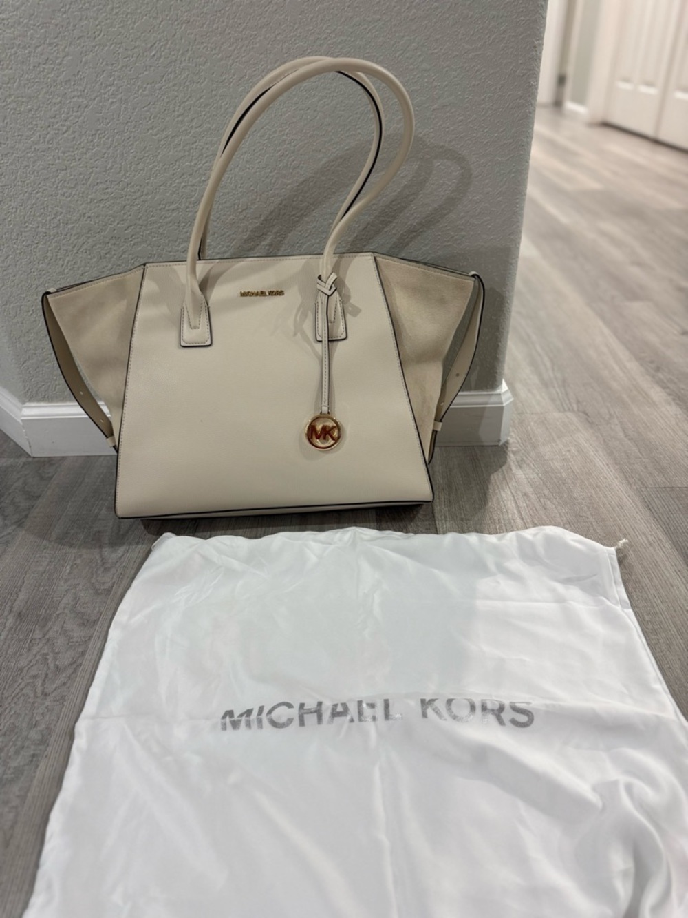 Michael Kors Cream Leather Winged Tote with Gold MK Charm